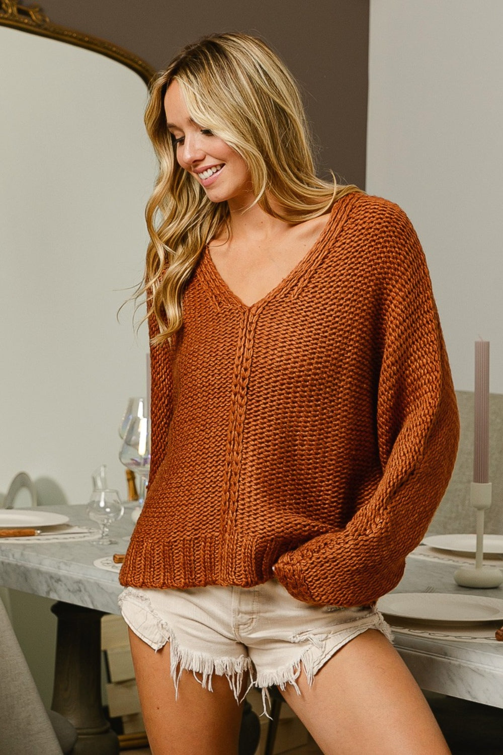 BiBi Cinnamon V-Neck Cable Knit Sweater Trendsi