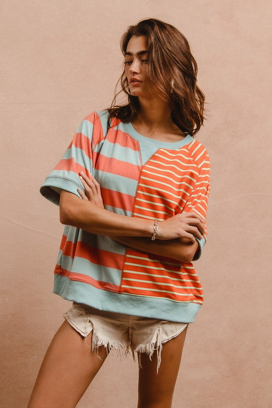 BiBi Striped Coral Round Neck Half Sleeve French Terry Top