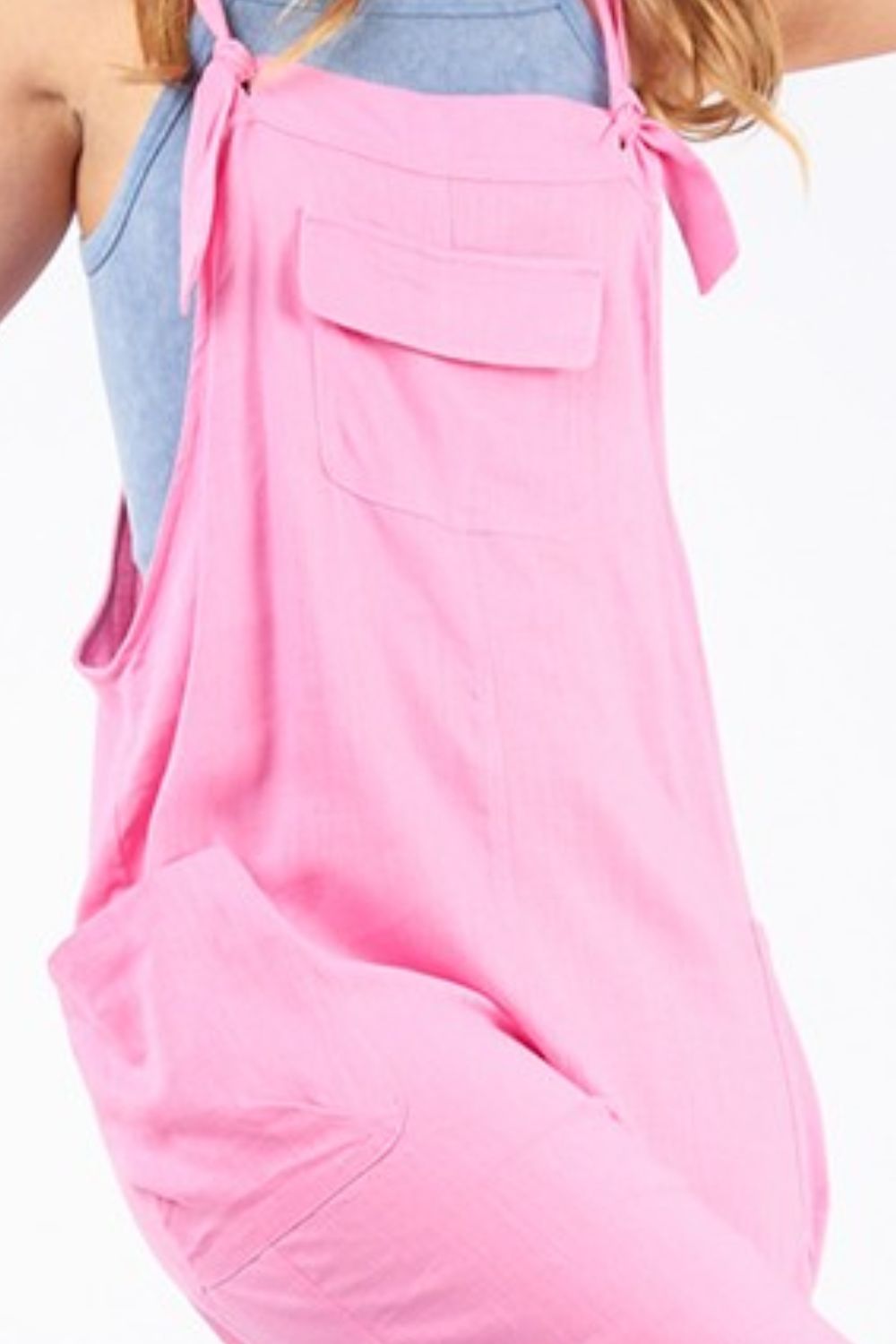 VERY J Pink Knot Strap Jumpsuit with Pockets Trendsi