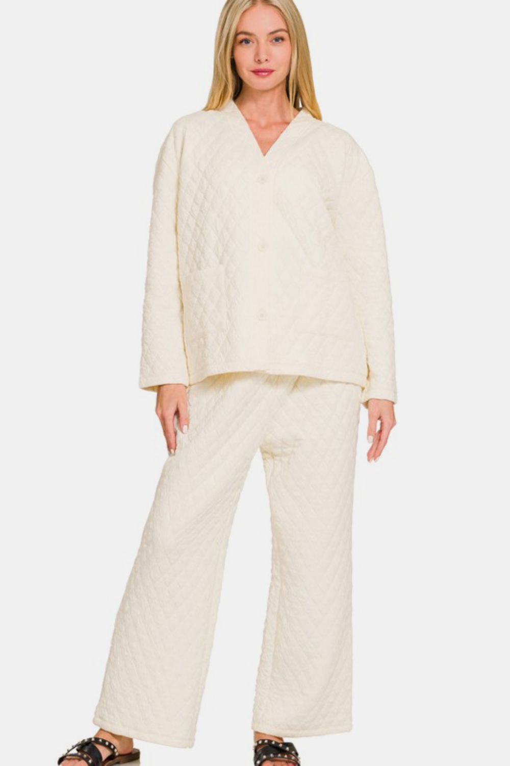 Zenana Cream Quilted Button Up Long Sleeve Top and Pants Lounge Set Cream Loungewear Set