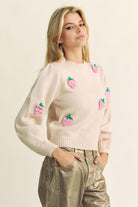 Davi & Dani Crochet Strawberry Round Neck Sweater in Beige Shirts & Tops