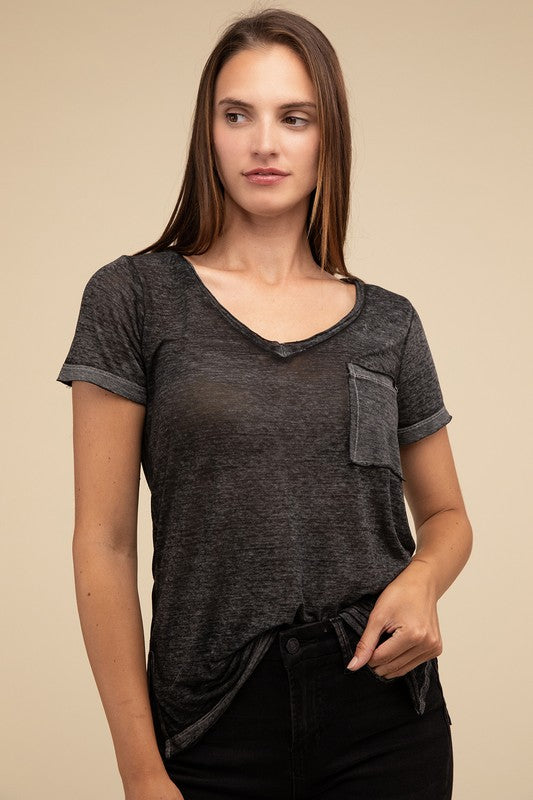 Washed Melange Burnout Scoop V-Neck Top ZENANA