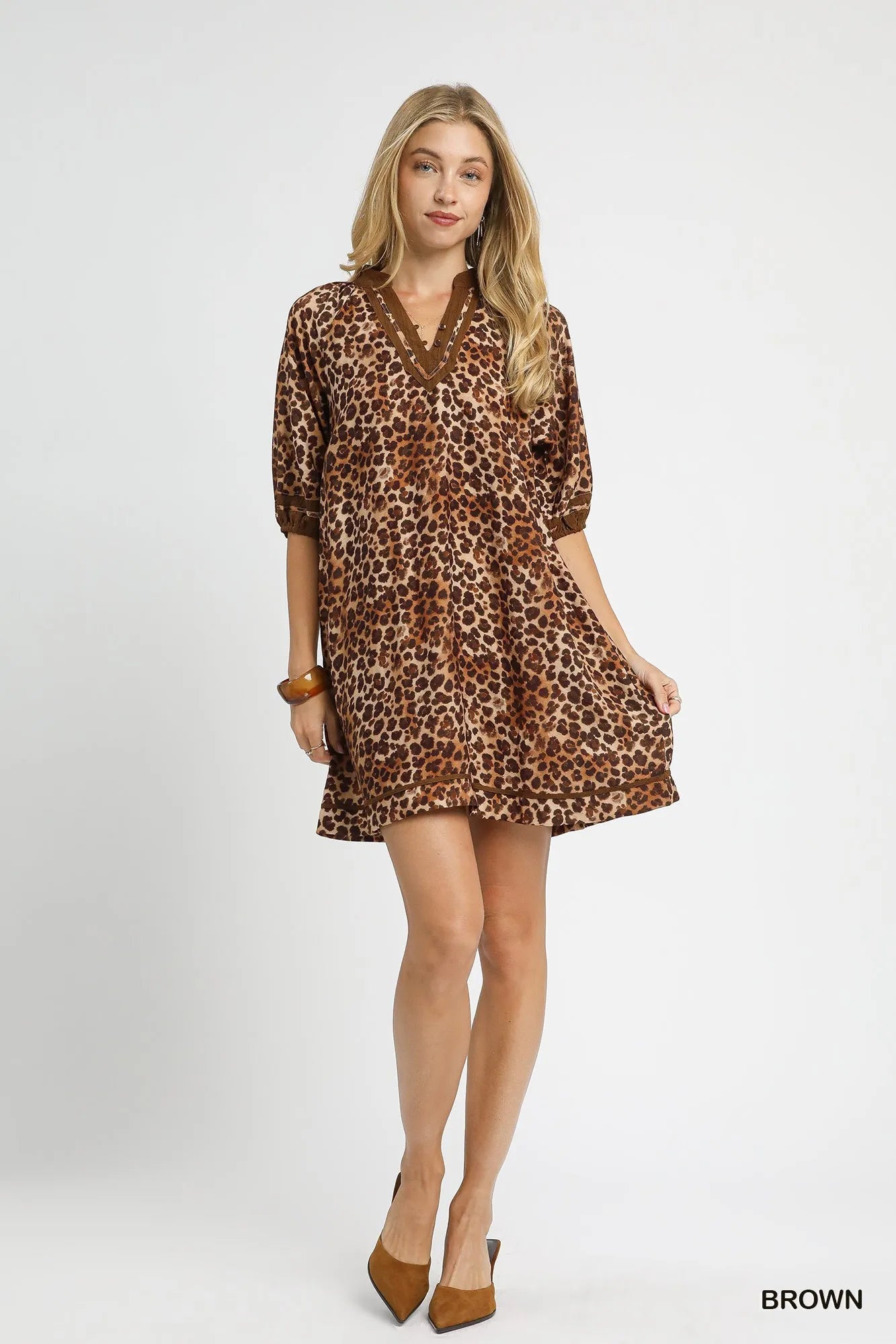 Umgee Brown Leopard Print Mini Dress with Contrast Trim