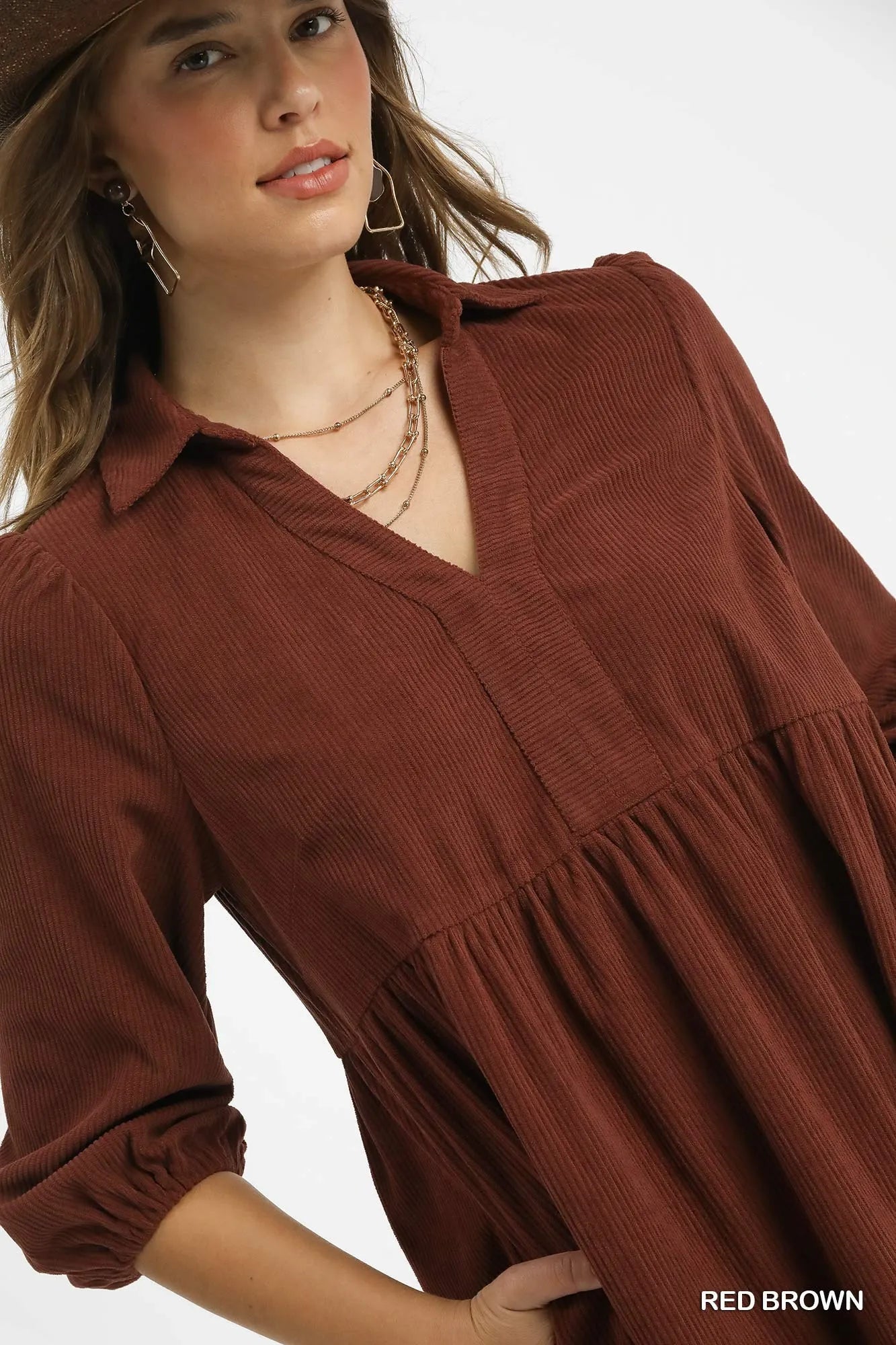 Umgee Red & Brown Tiered Corduroy Mini Dress with Balloon Sleeves