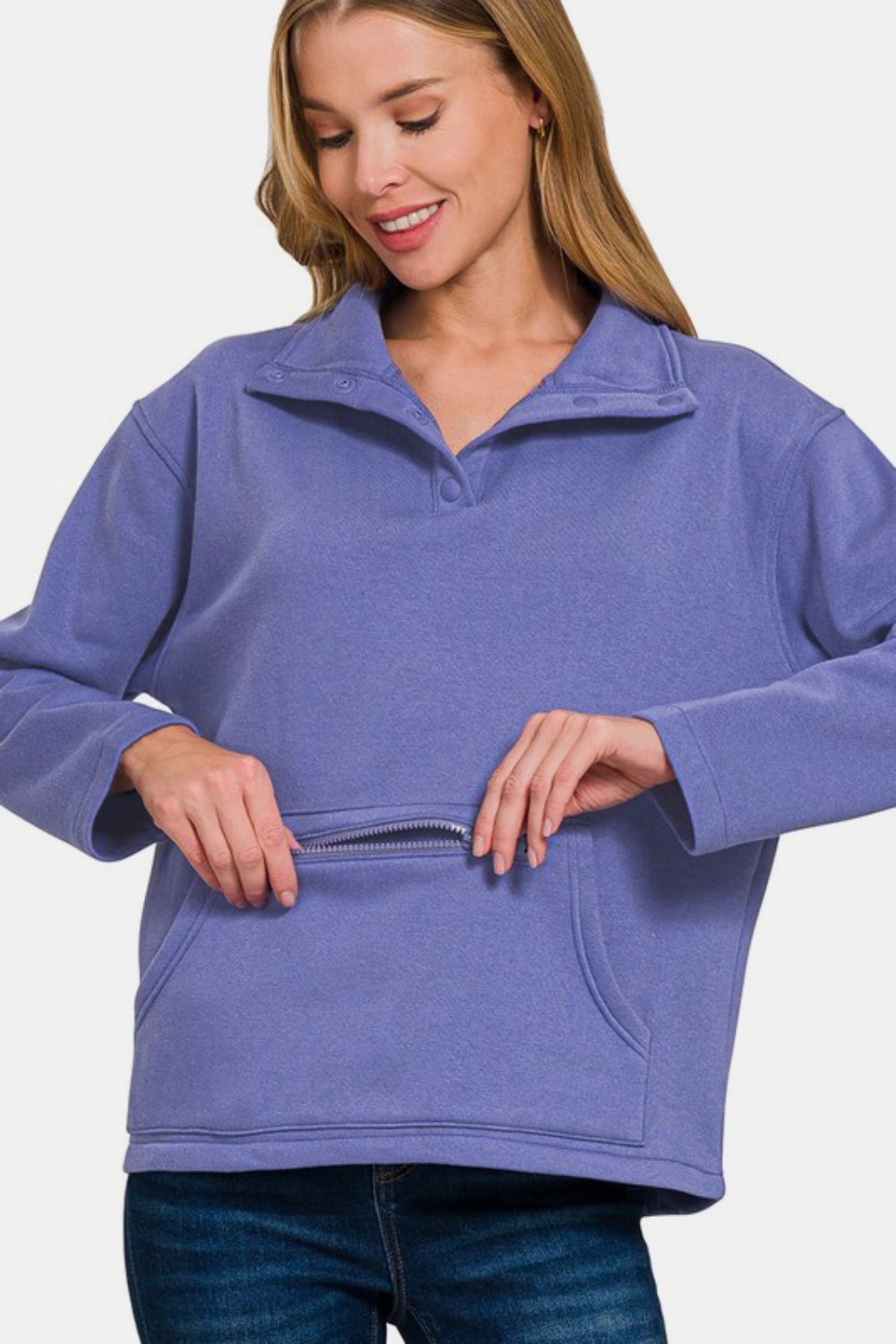 Zenana Blue Purple Turtleneck Half Snap Fleece Sweatshirt Shirts & Tops