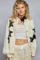 POL Cream Star Patch Raw Hem Button Up Twill Denim Ballon Sleeve Jacket Cream