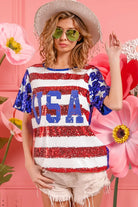 BiBi American Flag Theme USA Lettering Sequin Top