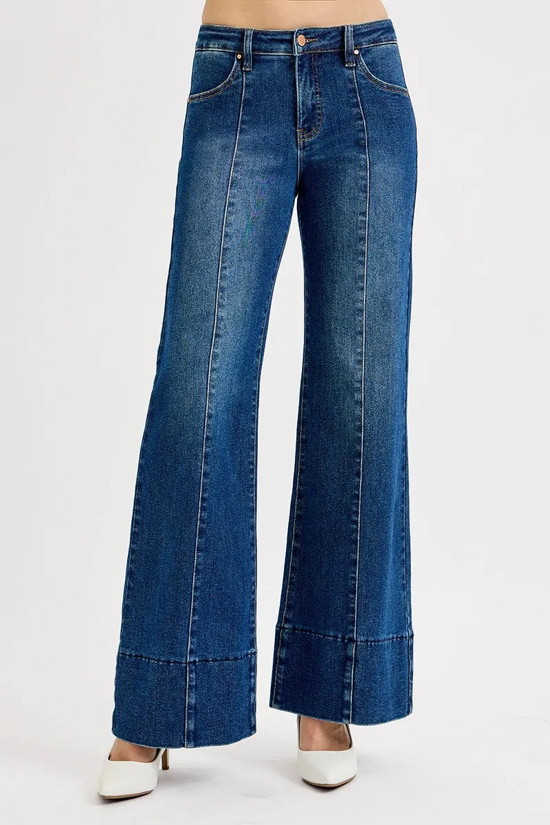 RISEN Dark Washed Tummy Control Mid Rise Seam Detail Wide Flare Jeans DARK