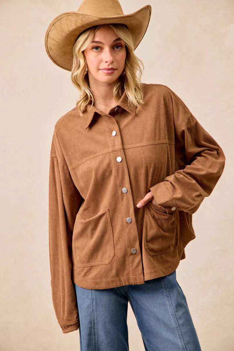 BiBi Camel Corduroy Relaxed Fit Shacket with Back Pleat