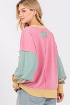 SAGE + FIG Barbie Pink Mineral Washed Raw Edge Color Block French Terry Sweatshirt Trendsi