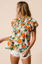 BiBi Cream & Multi Color Floral Print Woven Ruffle Sleeve Blouse