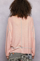 POL Blush Pink Round Neck Long Sleeve Exposed Seam Top with Chest Pocket