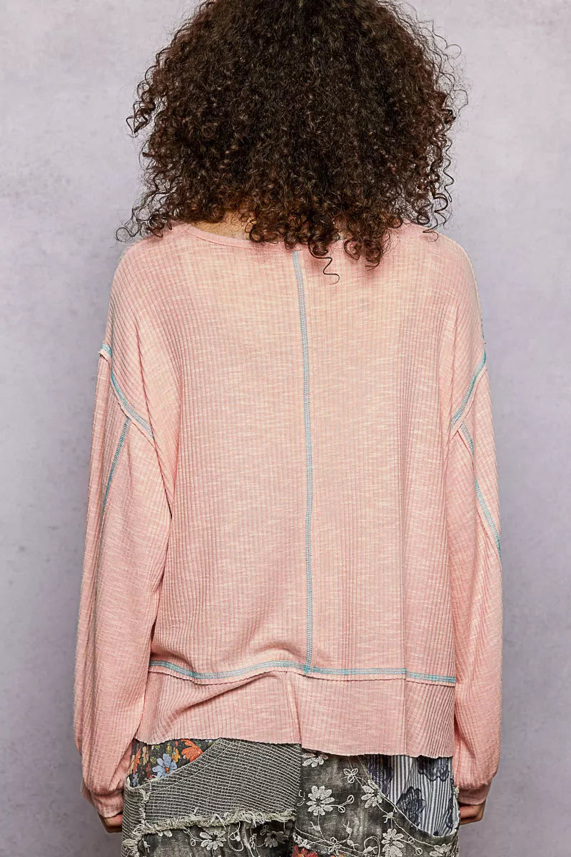 POL Blush Pink Round Neck Long Sleeve Exposed Seam Top with Chest Pocket