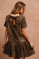 BiBi Tie Back Leopard Round Neck Short Sleeve Midi Dress