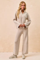 BiBi Taupe Two Tone Rib Texured Knit Collared Top with Zip Up