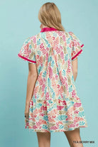 Umgee Tea Berry mix Leaf Print Flutter Sleeve Tiered Mini Dress