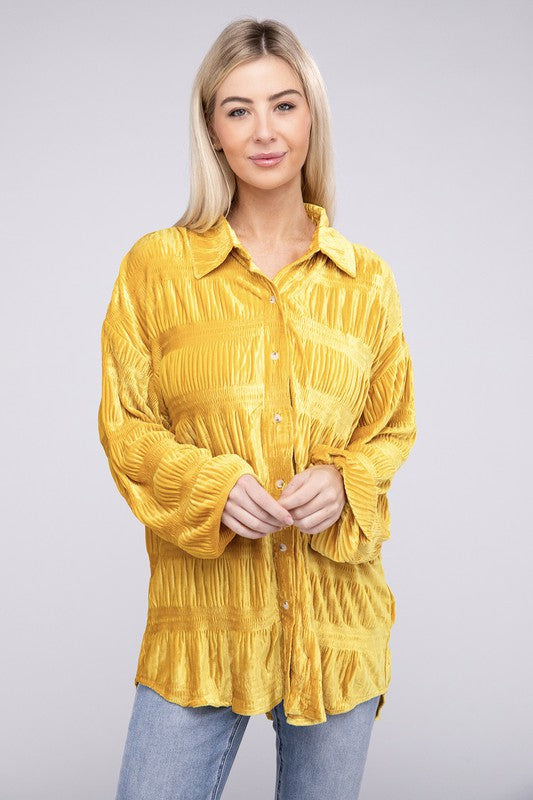 BiBi Wrinkle Effect Tiered Shirring Velvet Shirt BiBi