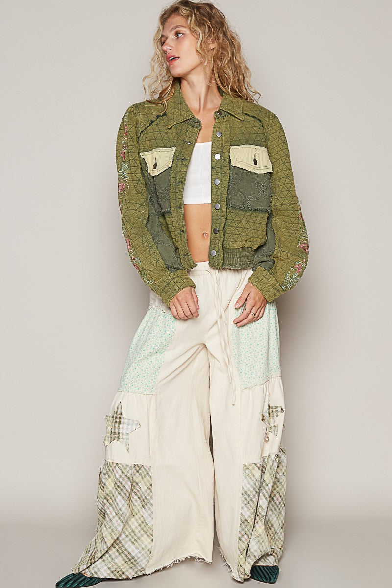 POL Basil Embroidered Sleeve Raw Edge Quilted Jacket Trendsi