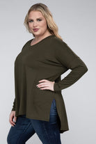 Zenana Plus Size Dolman Sleeve V-Neck Side Slit Hi-Low Hem Top ZENANA