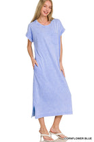 Zenana Cornflower Blue Acid Washed Exposed Seam Short Sleeve T-Shirt Dress CORNFLOWER BLUE