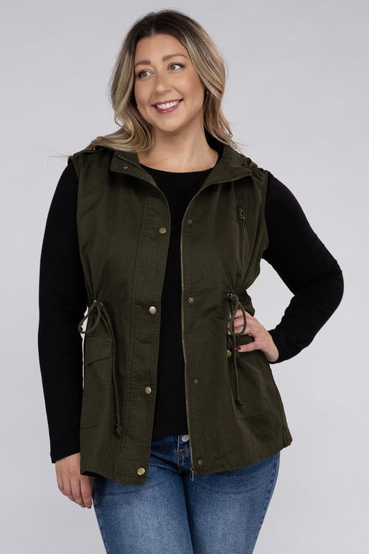 Zenana Plus Drawstring Waist Military Hoodie Vest ZENANA