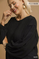 Umgee Black Linen Long Sleeve Top with Drawstring
