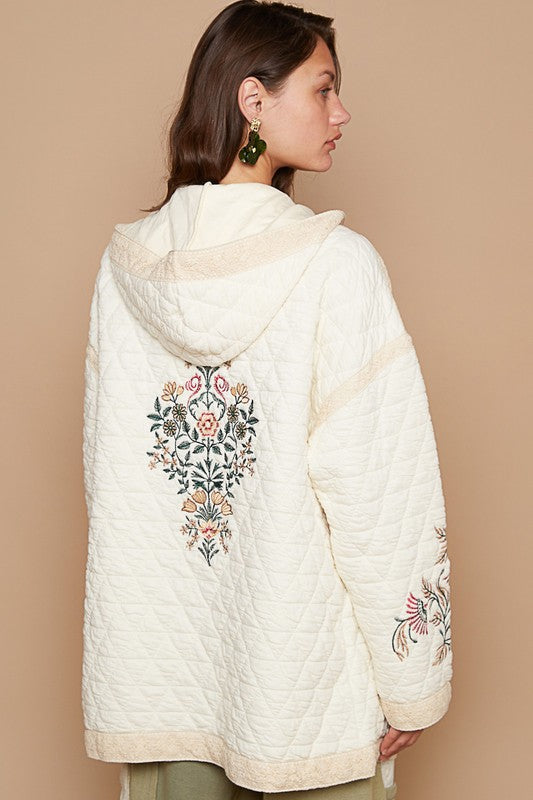 POL Embroidered Open Front Quilted Hooded Jacket with Crochet Pockets Coats & Jackets