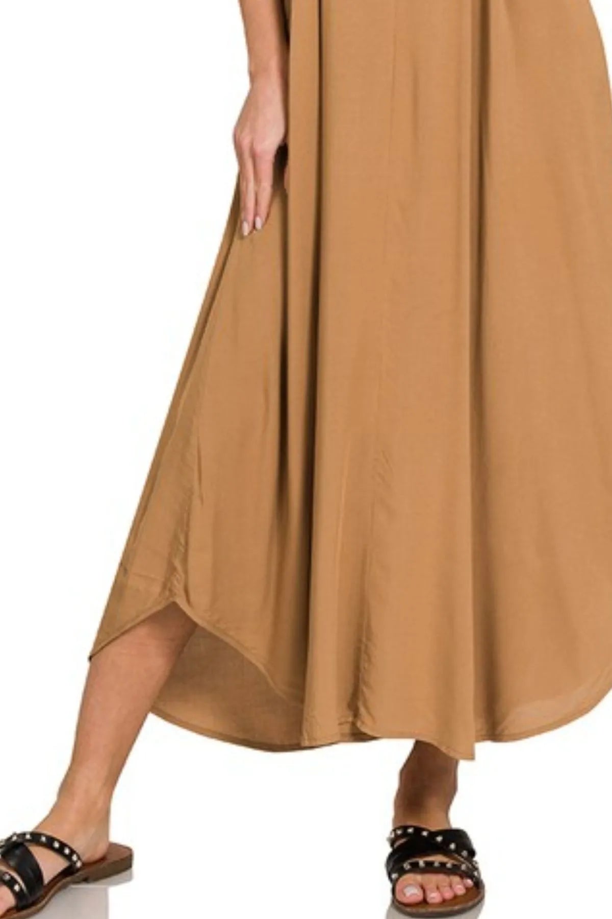 Zenana Deep Camel Woven Arc Hem Cami Dress With Flowy Pockets