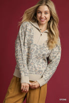 Umgee Stone Leopard Print Quarter-Zip Knit Sweater STONE