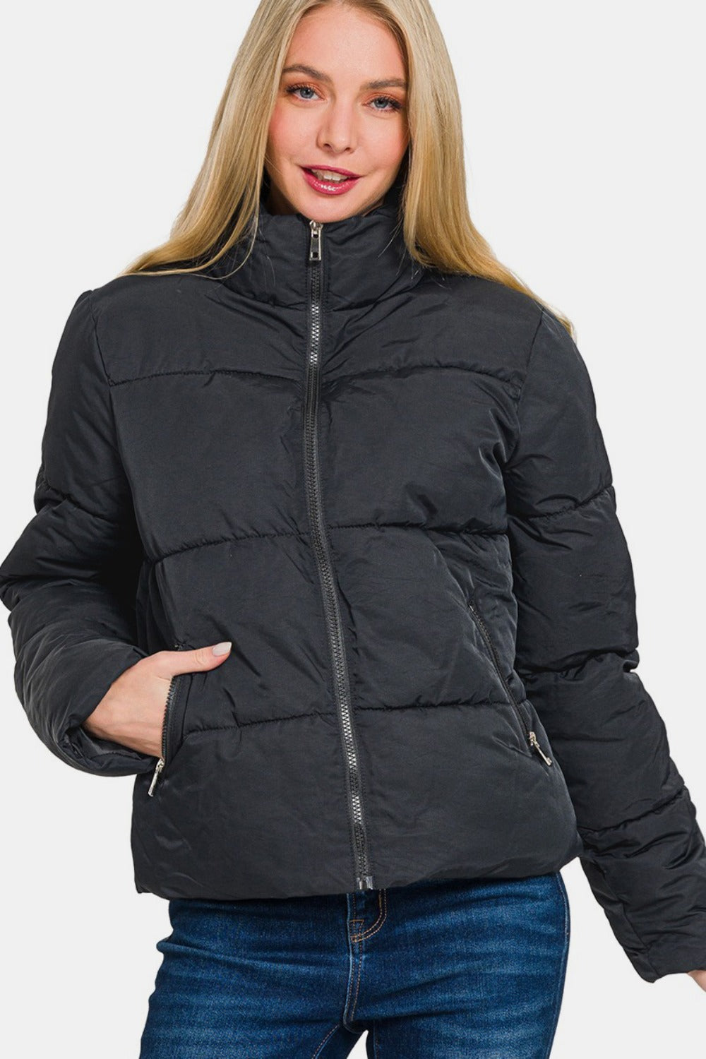 Zenana Black Zip Up Turtleneck Puffer Jacket with Pockets Trendsi