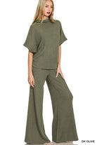 Zenana Dark Olive Mock Neck Top and Pants Sweater Set DK OLIVE