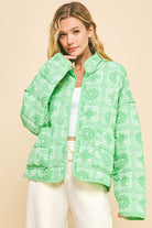 Davi & Dani Neon Green Bandanna Vintage Print Quilted Open Front Jacket with Pockets Neon Green Coats & Jackets