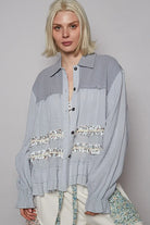 POL Double Gauze Button Down Floral Trim Ruffle Washed Balloon Sleeve Shacket Light Blue