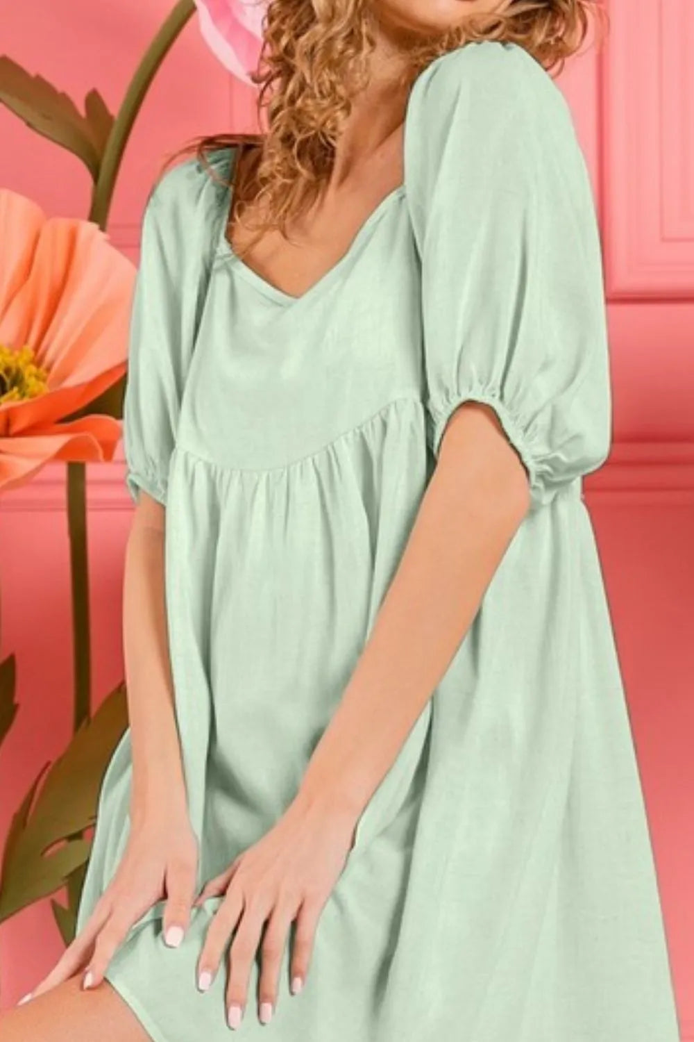 BiBi Sage Washed Linen Tiered Midi Dress with Puff Sleeves