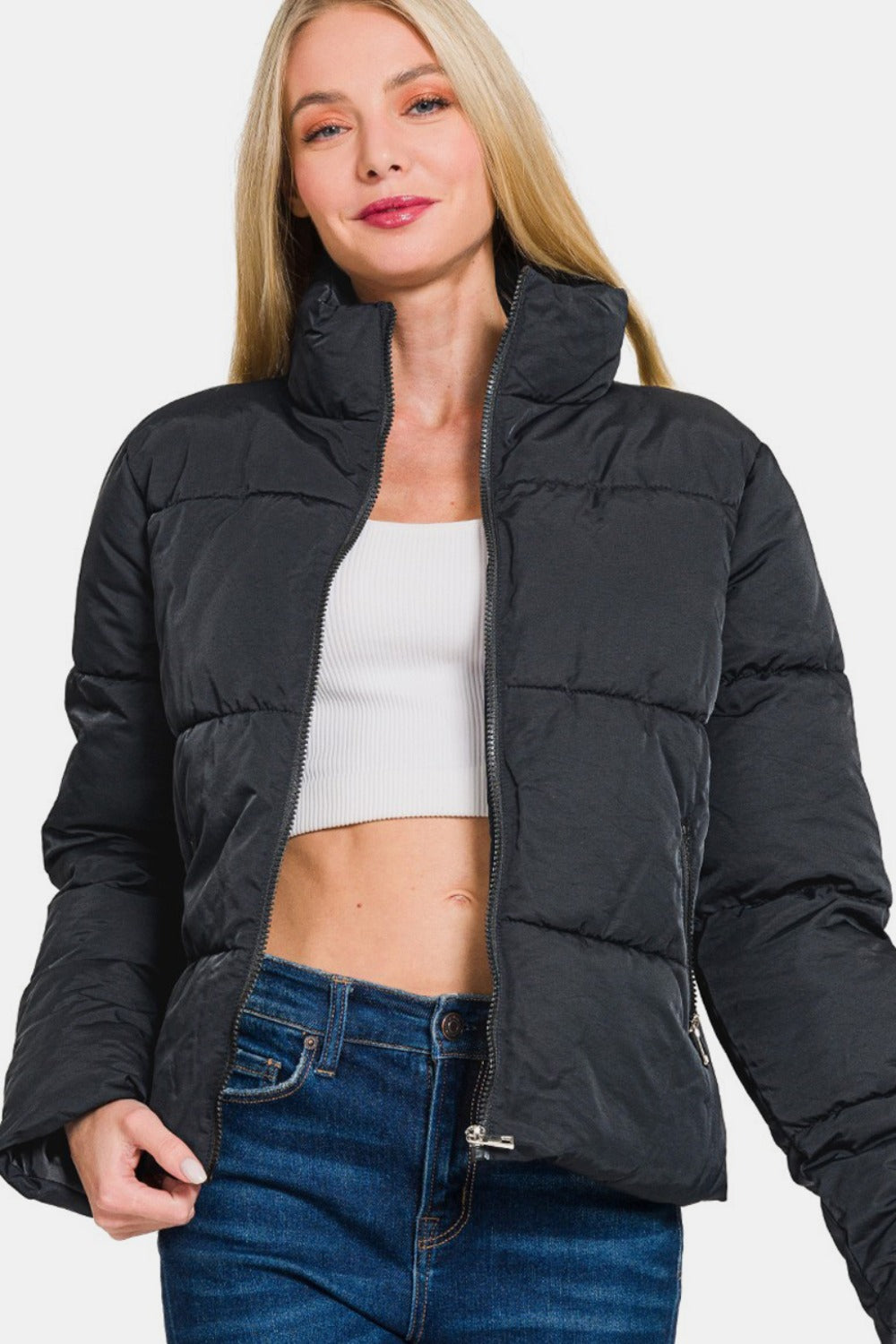 Zenana Black Zip Up Turtleneck Puffer Jacket with Pockets Black Trendsi