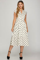 She + Sky Off White Front Zip Polka Dots Cap Sleeve Midi Dress OFF WHITE