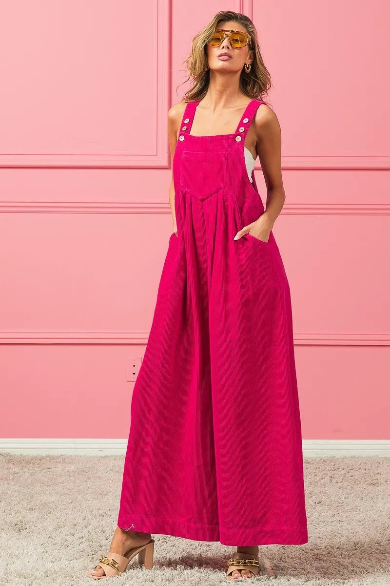BiBi Fuchsia Vintage Washed Corduroy Wide Leg Overalls FUCHSIA