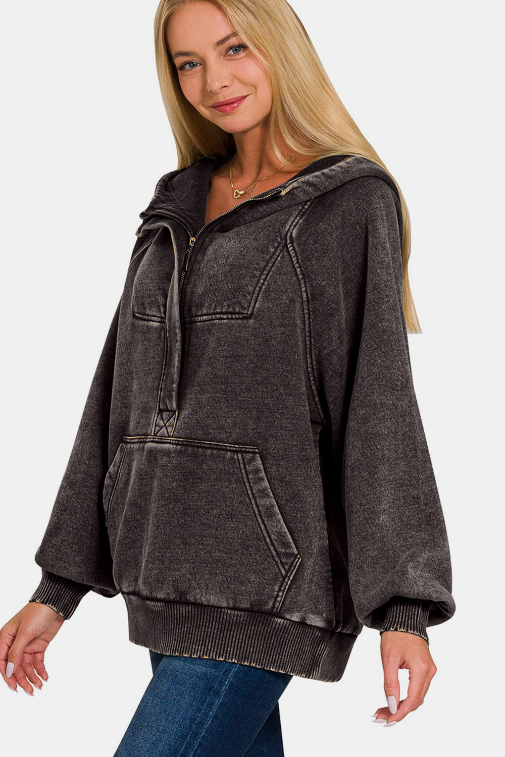 Zenana Acid Wash Fleece Kangaroo Hoodie Shirts & Tops