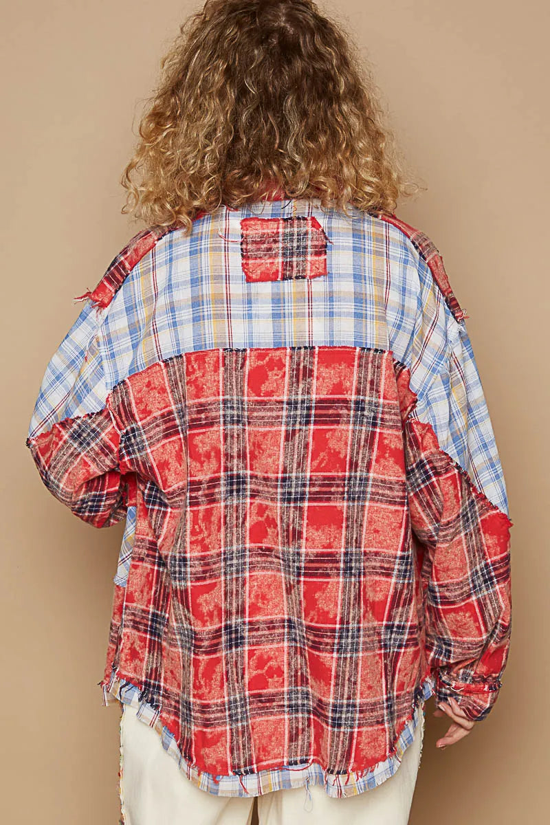 POL Ted Multi Plaid Patchwork Long Sleeve Button Down Shirt with Raw Edge Detail