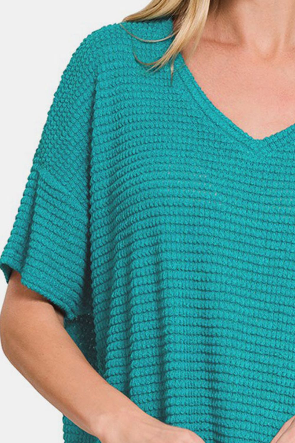 Zenana Light Teal Drop Shoulder Short Sleeve Jacquard Knit Top Trendsi