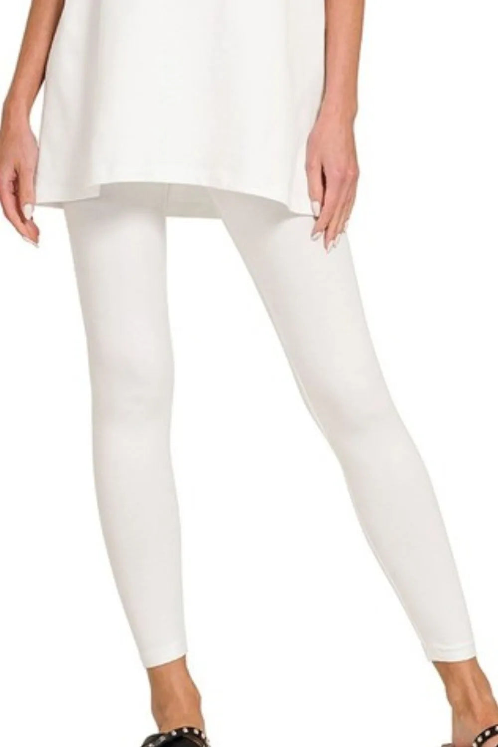 Zenana White Cotton Round Neck Top & Legging Set