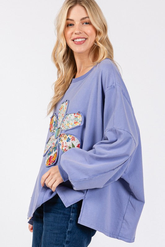 SAGE + FIG Blue Purple Flower Patch Dropped Shoulder Oversized Top Shirts & Tops