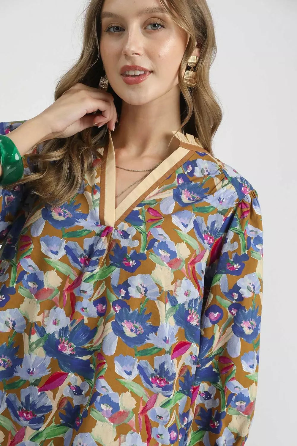 Umgee Brown Mix Boho Floral Balloon Sleeve Mini Dress