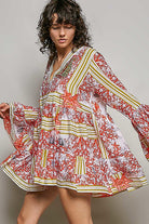 POL Ivory/Red Striped Floral Long Sleeve Mini Dress with Pintuck Detail