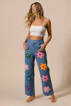 BiBi Flower Print Straight Legs Denim Pants