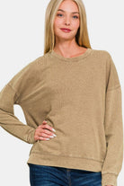 Zenana Camel Washed Round Neck Dropped Shoulder Sweatshirt Camel Shirts & Tops