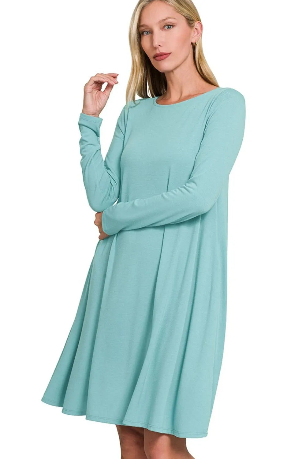 Zenana Deep Teal Long Sleeve Flare Dress With Pockets