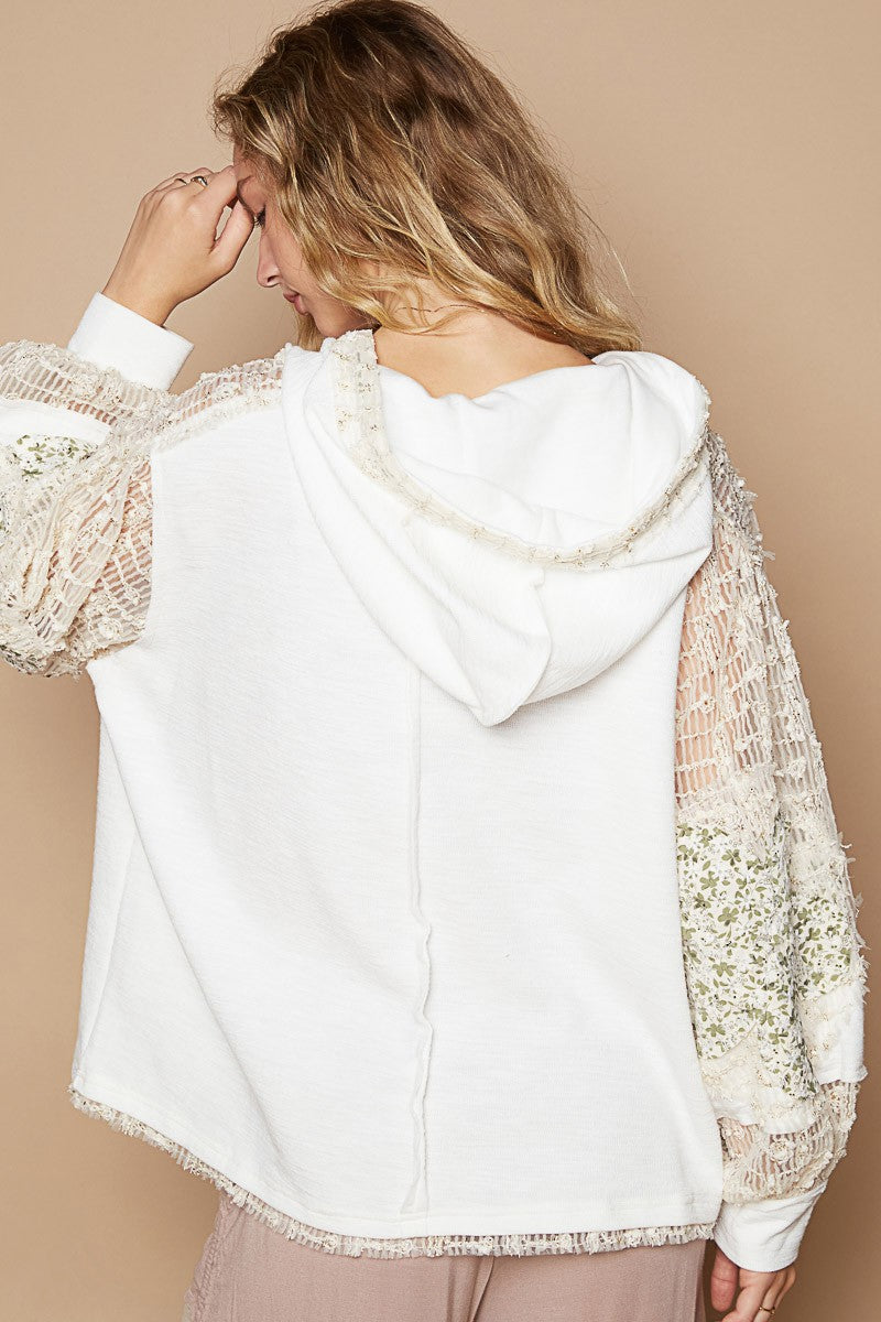 POL Ivory Star Patch Lace Contrast Long Sleeve Hooded Top Trendsi