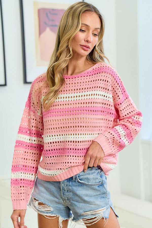 First Love Pink Striped Long Sleeve Openwork Knit Top Trendsi
