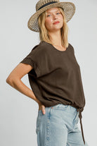 Umgee Coffee Brown Drawstring Hem Round Neck Short Sleeve T-Shirt